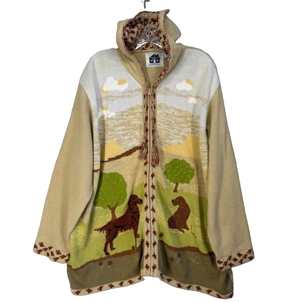 Storybook Knits Cardigan Womens 3X Irish Setter Dog Hooded Full Zip Whimsical